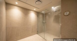 Fensterloses Badezimmer mit Deckenlüfter, beschlagener Glasdusche und Hygrometer an der Wand