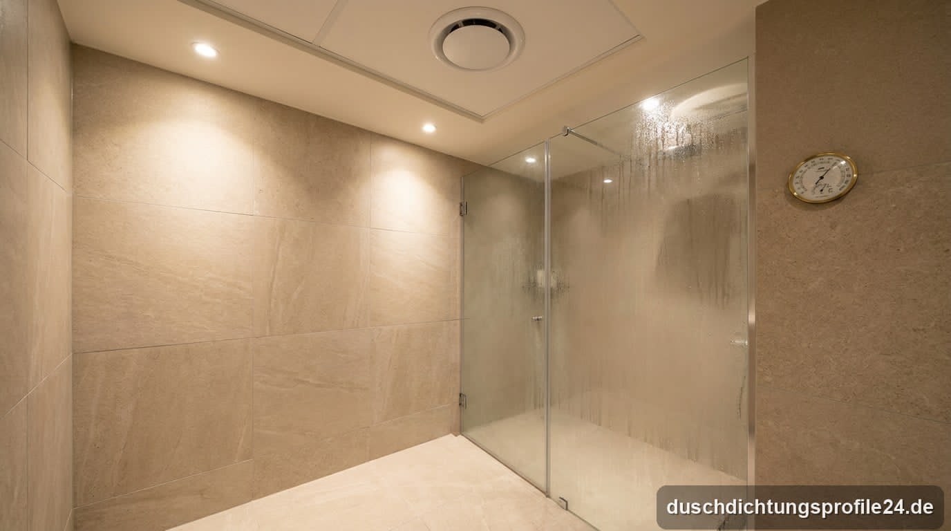 Fensterloses Badezimmer mit Deckenlüfter, beschlagener Glasdusche und Hygrometer an der Wand
